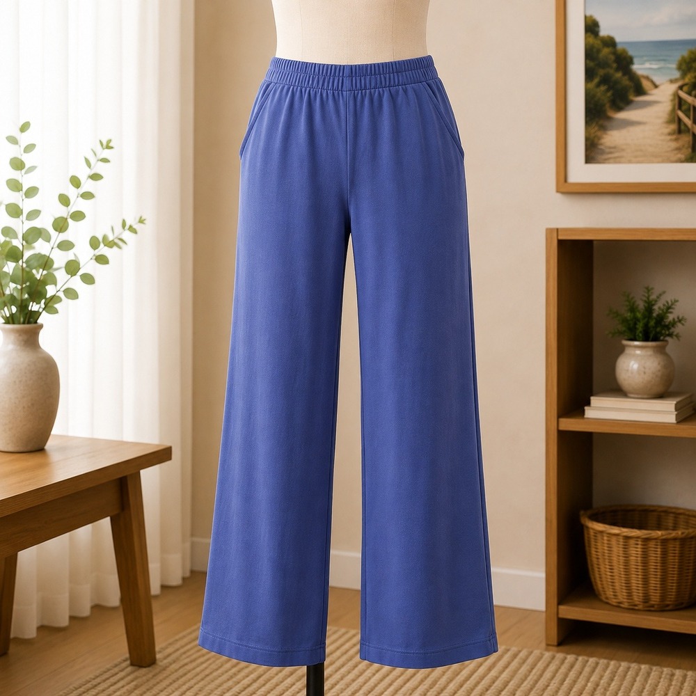 Danskin Yoga Pants Womens XL Blue Wide Leg Stretch Knit Pockets Lounge 2643
